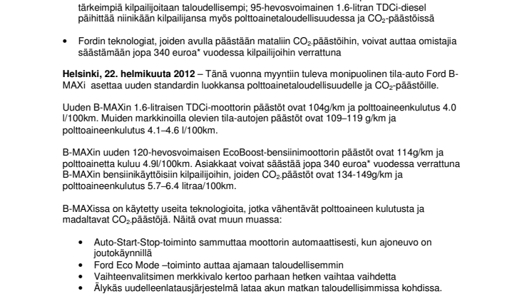 Uuden Ford B-MAXin diesel- ja bensiinimalleissa luokkansa alhaisin polttoaineen kulutus ja matalimmat CO2-päästöt