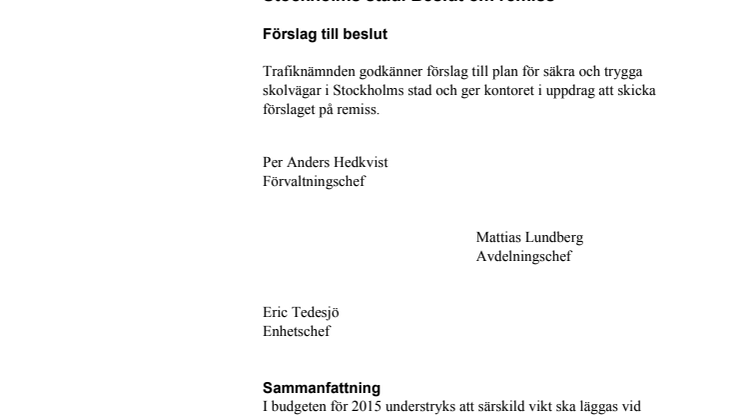 Tjänsteutlåtande säkra och trygga skolvägar