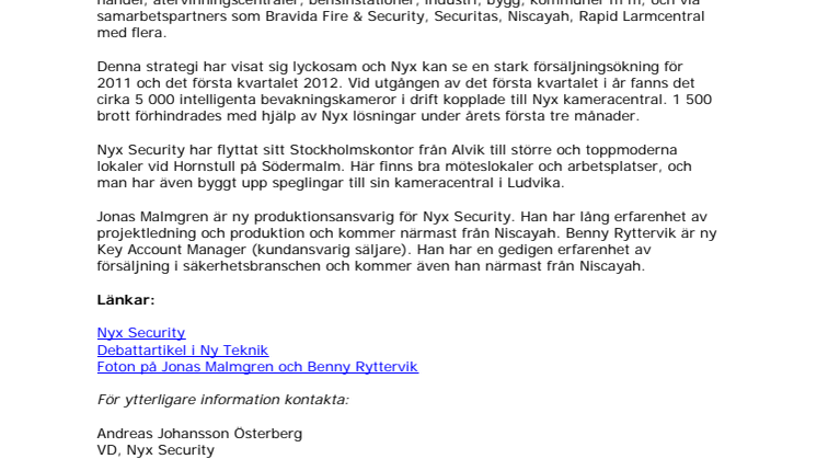 Nyx Security stärker organisationen inför fortsatt expansion -	flyttar till större kontor och anställer två nya nyckelmedarbetare  