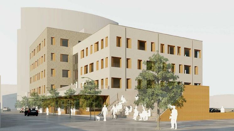 Entréplanet i socialtjänstens hus ska erbjuda publika funktioner med mottagande av besökare och även ha plats för handelslokal och ett café. 3D-Illustration: Hemfosa Fastigheter.