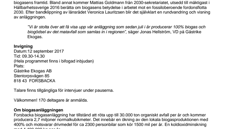 Välkommen till invigningen av Forsbacka biogasanläggning