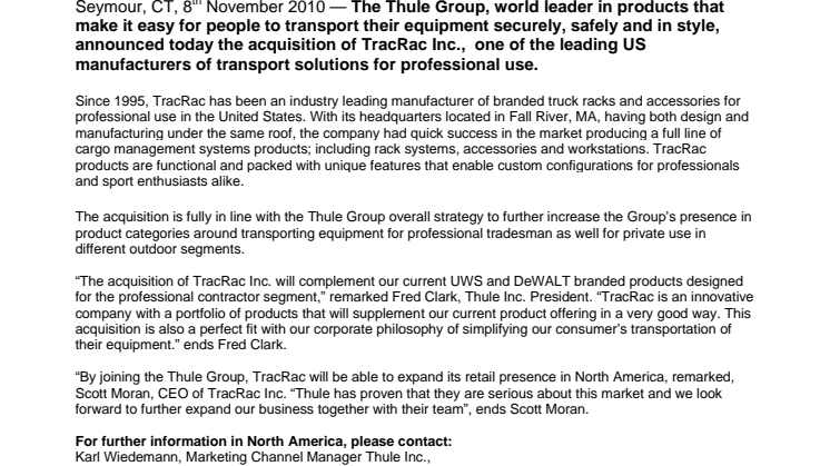 The Thule Group Acquires TracRac, an Industry Leading Manufacturer of Truck Racks, Van Racks and Accessories
