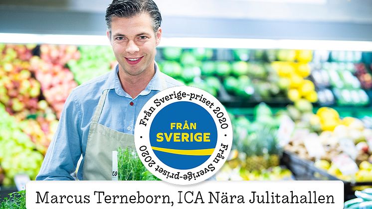 Handlare Marcus Terneborn på ICA Nära Julitahallen som tilldelats Från Sverige-priset 2020.