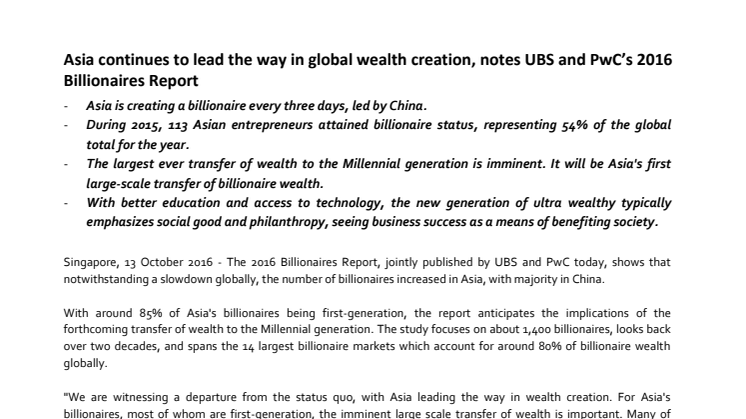 UBS-PwC Billionaires report, Addendum to News Release – Insights on Asia