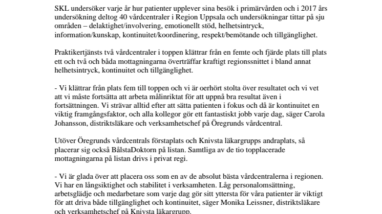 Öregrunds vårdcentral och Knivsta läkargrupp är Region Uppsalas bästa vårdcentraler