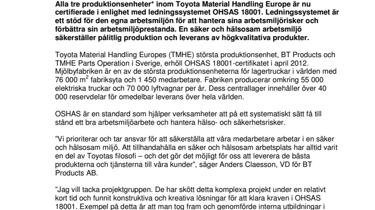 Alla Toyotas produktionsenheter OSHAS 18001-certifierade  
