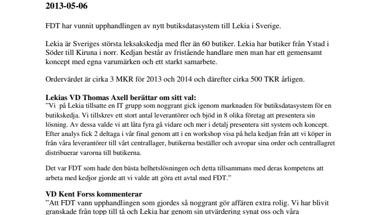 Lekia väljer FDT