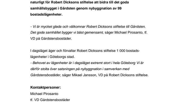 Robert Dicksons stiftelse bygger 99 nya bostadslägenheter i Gårdsten.