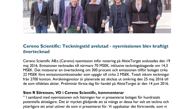 Cereno Scientific: Teckningstid avslutad - nyemissionen blev kraftigt övertecknad