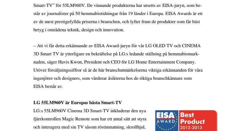 LG HAR EUROPAS BÄSTA SMART-TV ENLIGT EISA