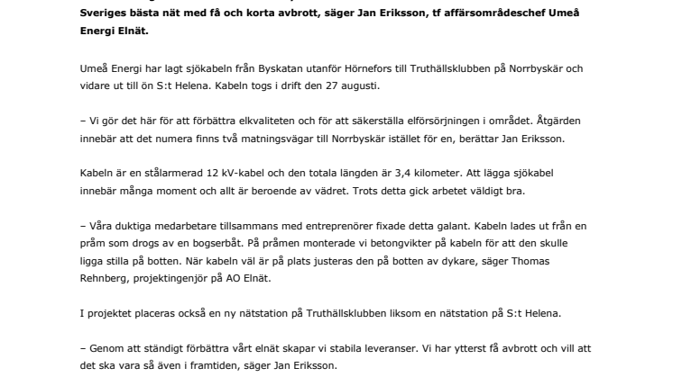 Umeå Energi förbättrar elförsörjningen till Norrbyskär