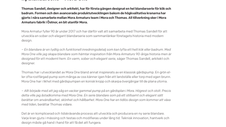 Thomas Sandell och Mora Armatur presenterar ny blandarserie – Mora One