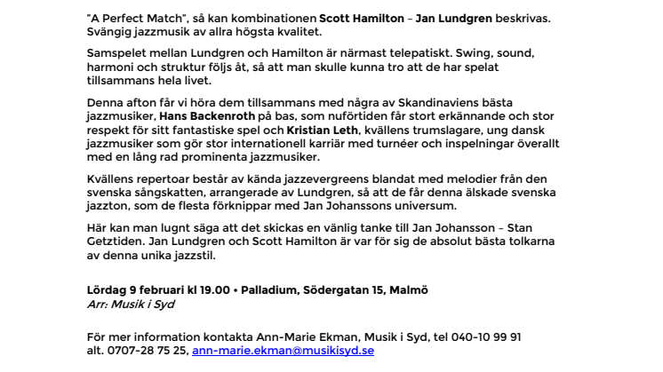 Scott Hamilton & Jan Lundgren Kvartett – jazzsväng av högsta kvalitet på Palladium Malmö 9 februari