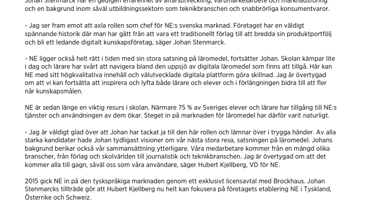 Johan Stenmarck tillträder som chef för NE:s svenska marknad