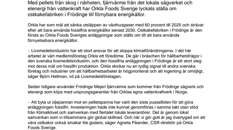 Orkla Foods Sverige tar ställning för klimatet – ställer om Frödinge mejeri till fossilfri energi