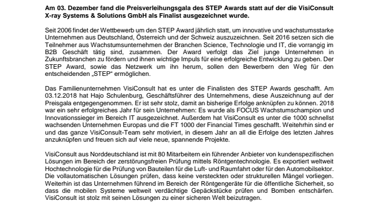 VisiConsult wird STEP Award Finalist 2018 