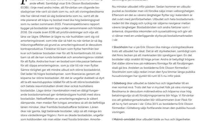 Erik Olsson Fastighetsförmedling kommenterar bostadsmarknaden 13 april 2017