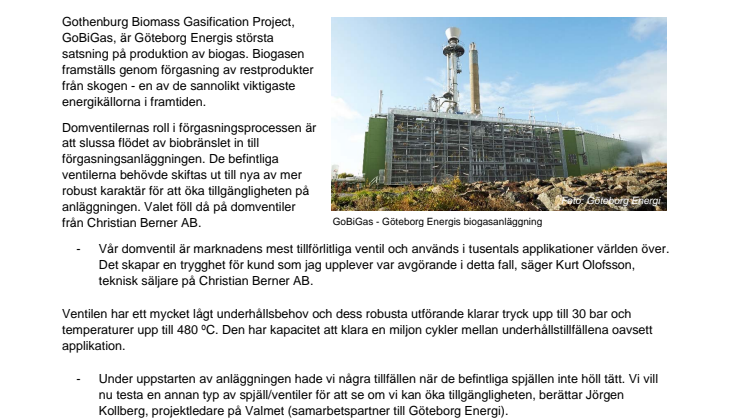 Christian Berner AB levererar domventiler till Göteborg Energis biogasanläggning GoBiGas