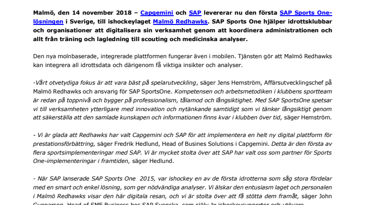 Capgemini och SAP i avtal med Malmö Redhawks