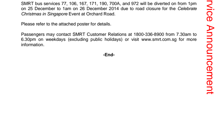 Road Diversion due to Celebrate Christmas in Singapore on 25 December 2014