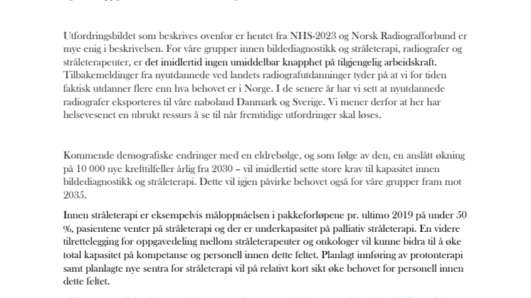 Norsk Radiografforbunds innspill til Nasjonal Helse- og Sykehusplan 2020-2023.