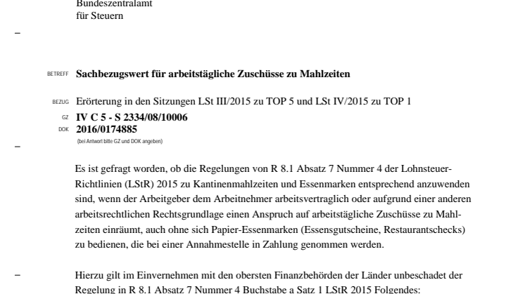 Klarstellung durch das Bundesministerium der Finanzen: Sachbezugswert für arbeitstägliche Zuschüsse zu Mahlzeiten zulässig