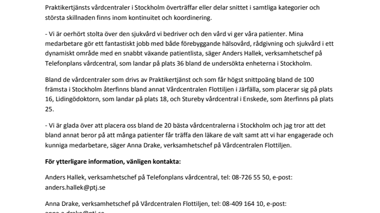 Tolv vårdcentraler från Praktikertjänst bland Stockholms 100 bästa