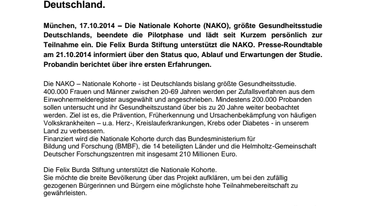Presse-Roundtable: Die NAKO kommt. 200.000 Freiwillige verbessern die Gesundheit in Deutschland.