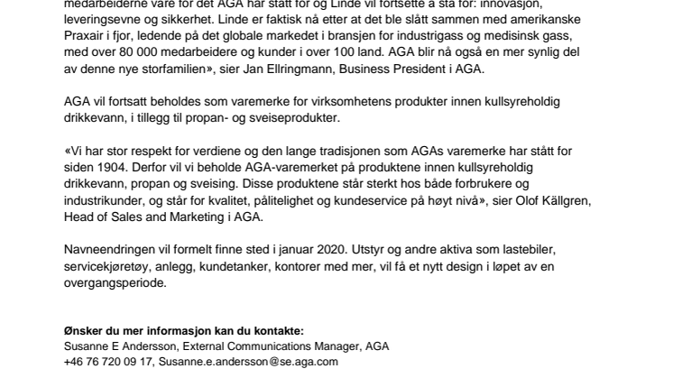 ​AGA endrer navn til Linde i januar 2020