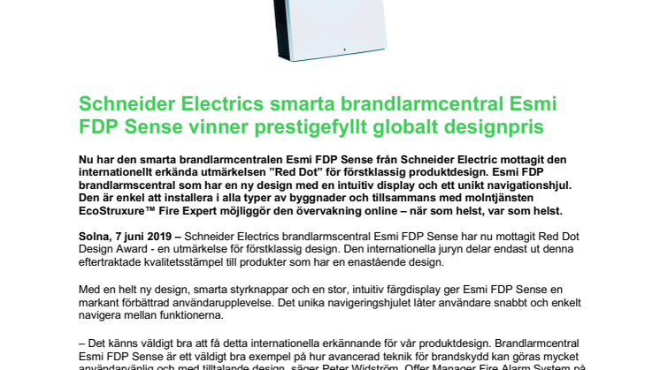 Schneider Electrics smarta brandlarmcentral Esmi FDP Sense vinner prestigefyllt globalt designpris