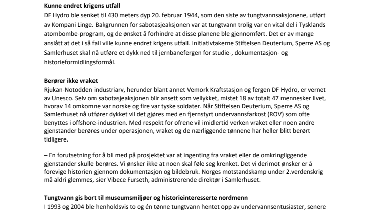 Dypdykk til vraket fra Tungtvannsaksjonen i 1944  