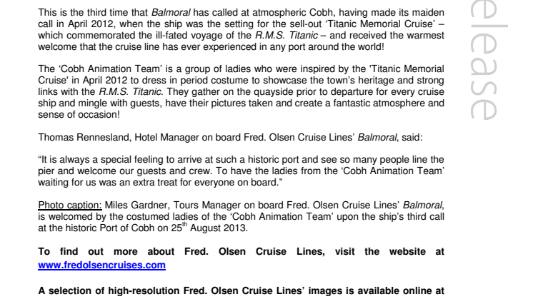Fred. Olsen Cruise Lines’ Balmoral receives a  third warm welcome in the historic Port of Cobh 