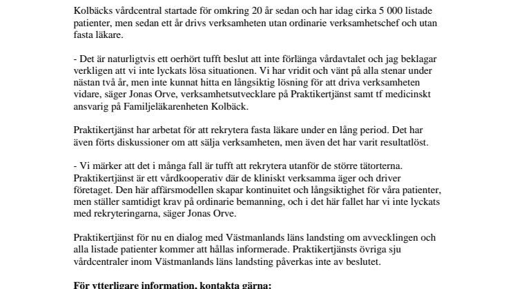 Praktikertjänst avser att inte förlänga vårdavtalet för Familjeläkarenheten Kolbäck