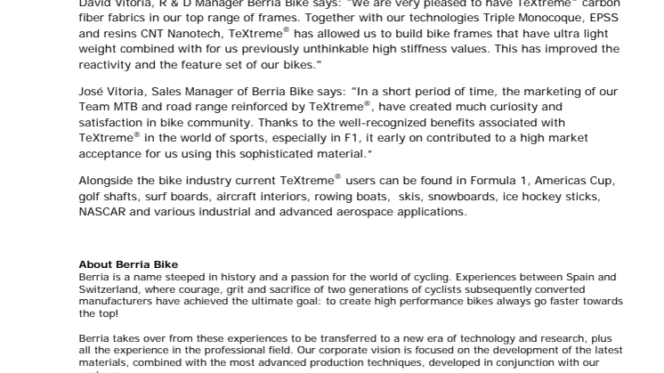 Berria Bike launches frames reinforced by TeXtreme®