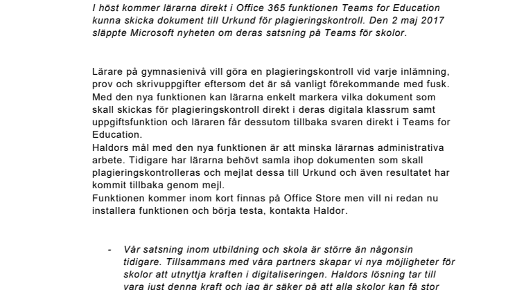 Första integrationen i Teams for Education blir plagieringskontroll.