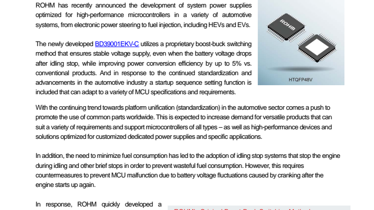 General-Purpose Automotive MCU System Power Supplies for Idling Stop Systems - Advanced design ensures optimum MCU performance even during cranking -
