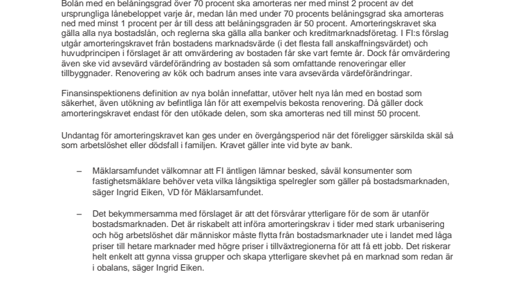 Mäklarsamfundets kommentar avseende amorteringskrav