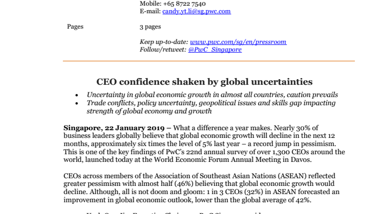 CEO confidence shaken by global uncertainties