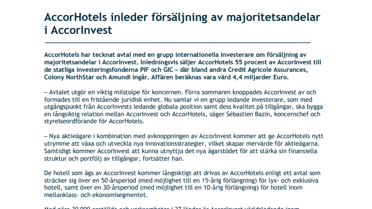 ​AccorHotels inleder försäljning av majoritetsandelar i AccorInvest