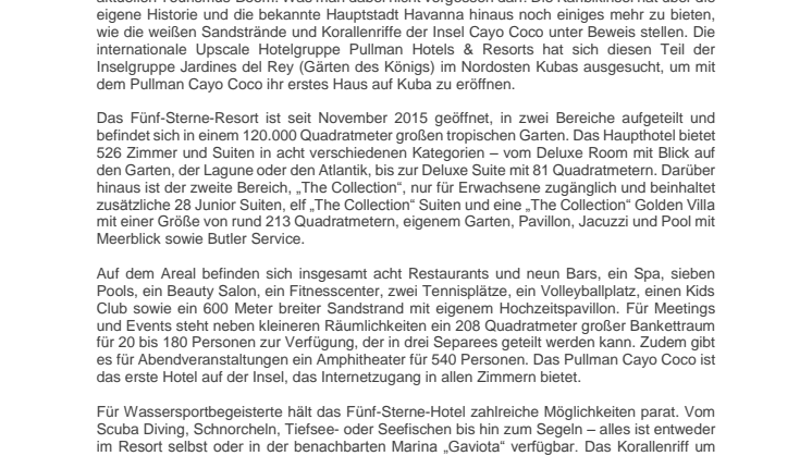 PULLMAN HOTELS & RESORTS ERÖFFNEN ERSTES HOTEL AUF KUBA - DAS PULLMAN CAYO COCO