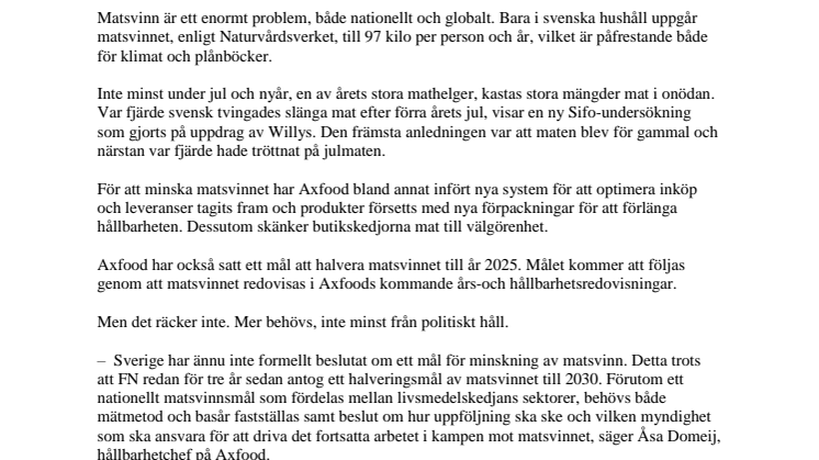 Axfoods nya hållbarhetsmål:  Halverat matsvinn till 2025