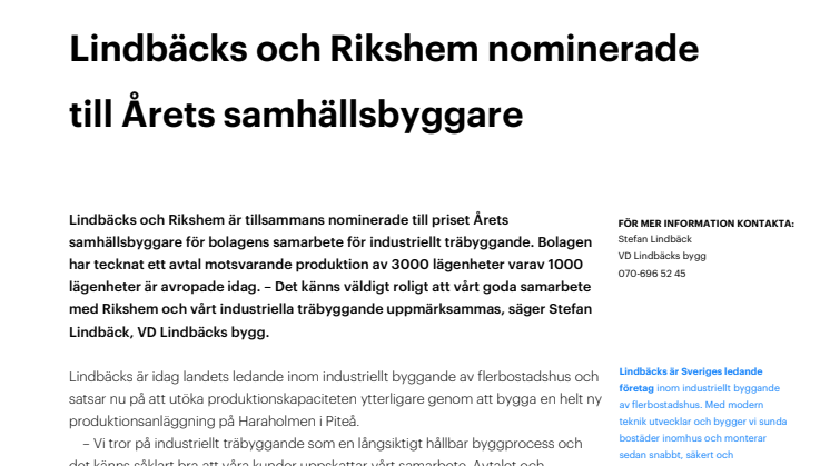 Lindbäcks och Rikshem nominerade till Årets samhällsbyggare