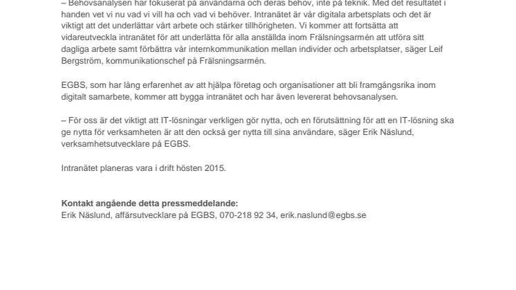 EGBS hjälper Frälsningsarmén att bygga nytt intranät