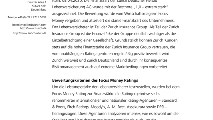 „Extrem starke Finanzkraft“ - Zurich Lebensversicherung ausgezeichnet