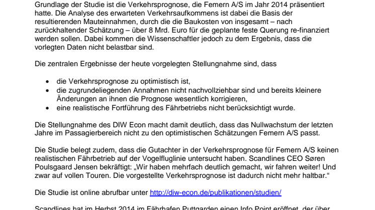 Wissenschaftler des DIW stellen Verkehrsprognose für feste Fehmarnbeltquerung in Frage