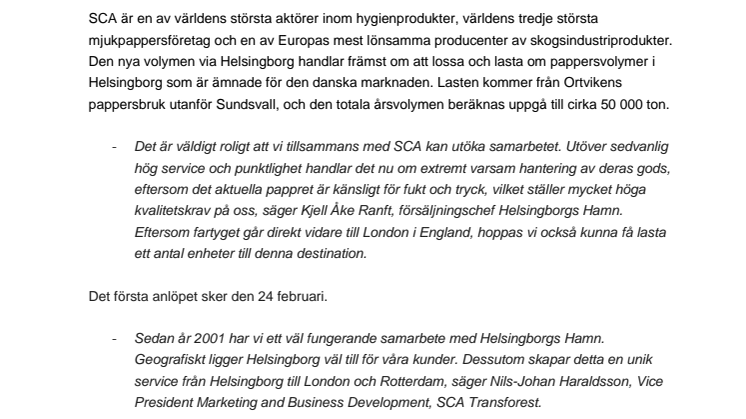 Pappersjätten SCA fördjupar samarbetet med Helsingborgs Hamn 