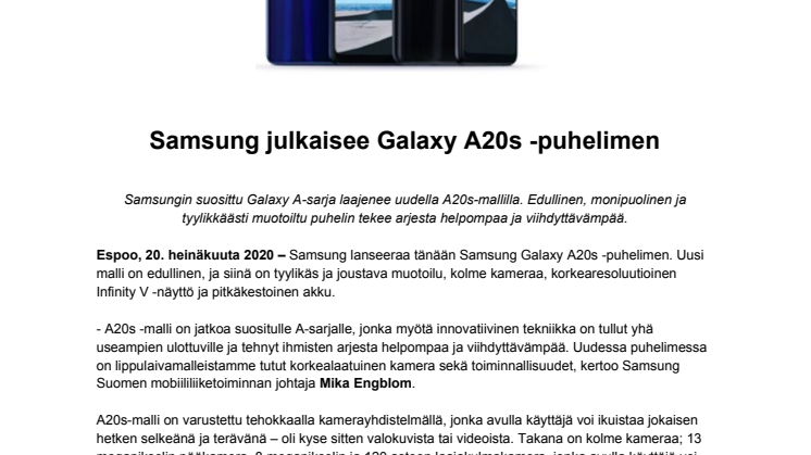Samsung julkaisee Galaxy A20s -puhelimen