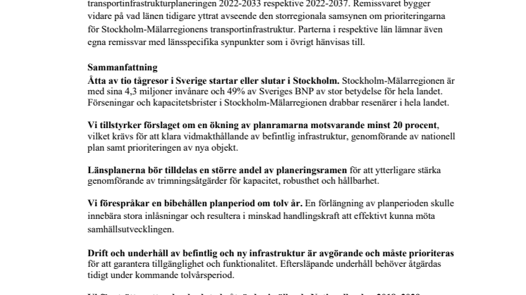 Mälardalsrådets remissvar avseende Inriktningsunderlaget för perioden 2022-2033 och 2022-2037
