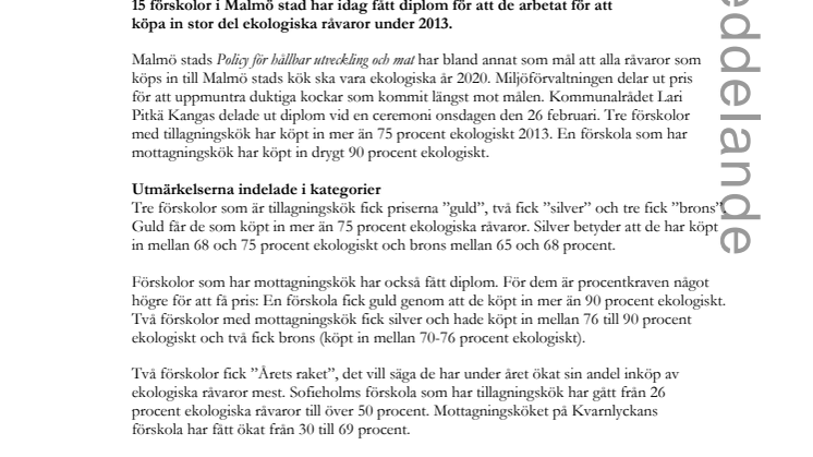 Förskolor fått pris för stor andel ekologisk mat