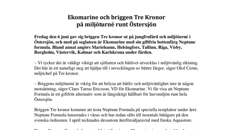 Ekomarine och briggen Tre Kronor på miljöturné runt Östersjön